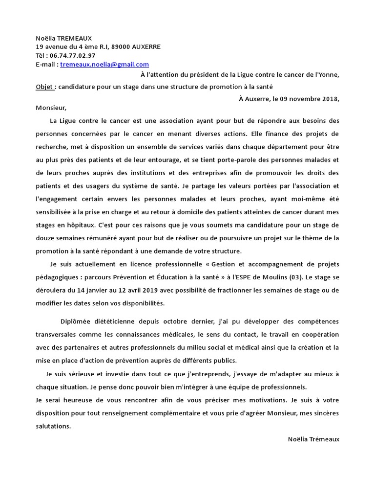 Lettre de Motivation Recherche de Stage PDF Cancer Prophylaxie