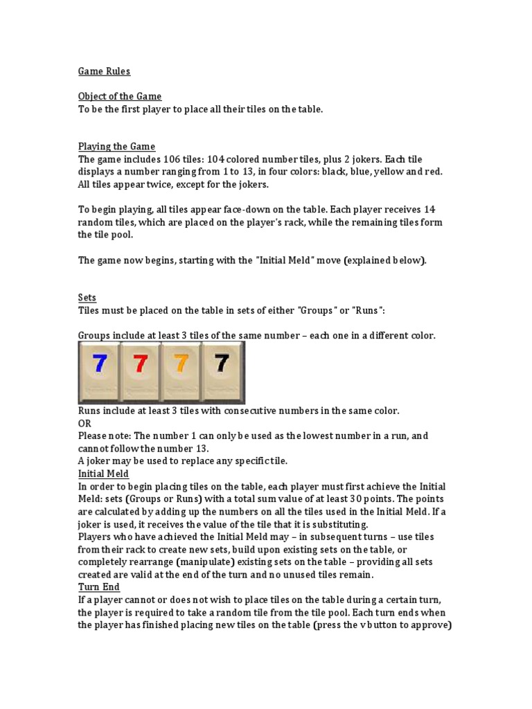 Game Rules for Rummikub A TileBased Number and Color Matching Game