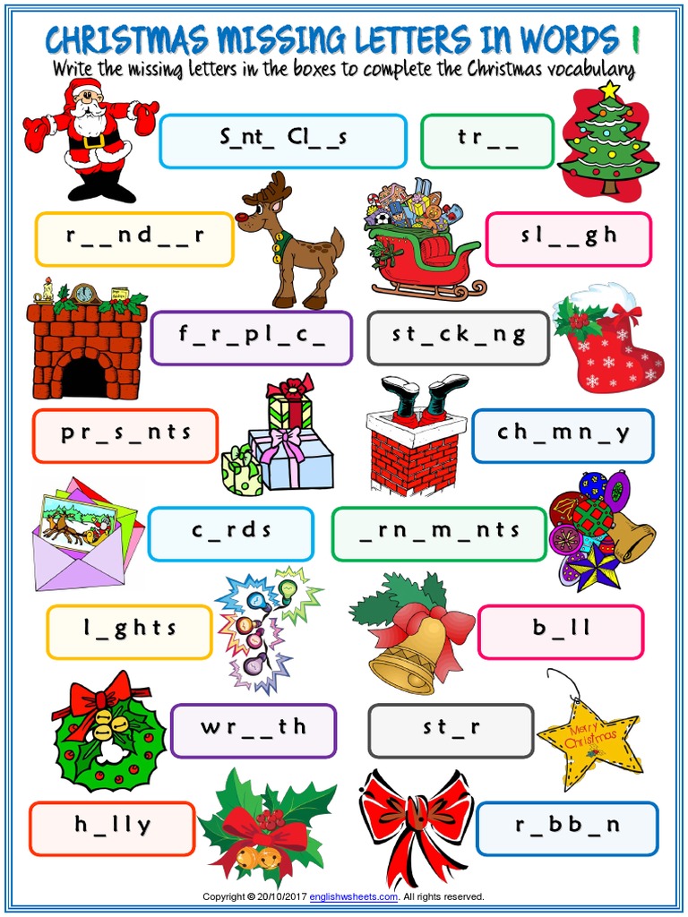 Christmas Vocabulary Esl Missing Letters In Words Worksheets For Kids Pdf Christmas Traditions Christmas