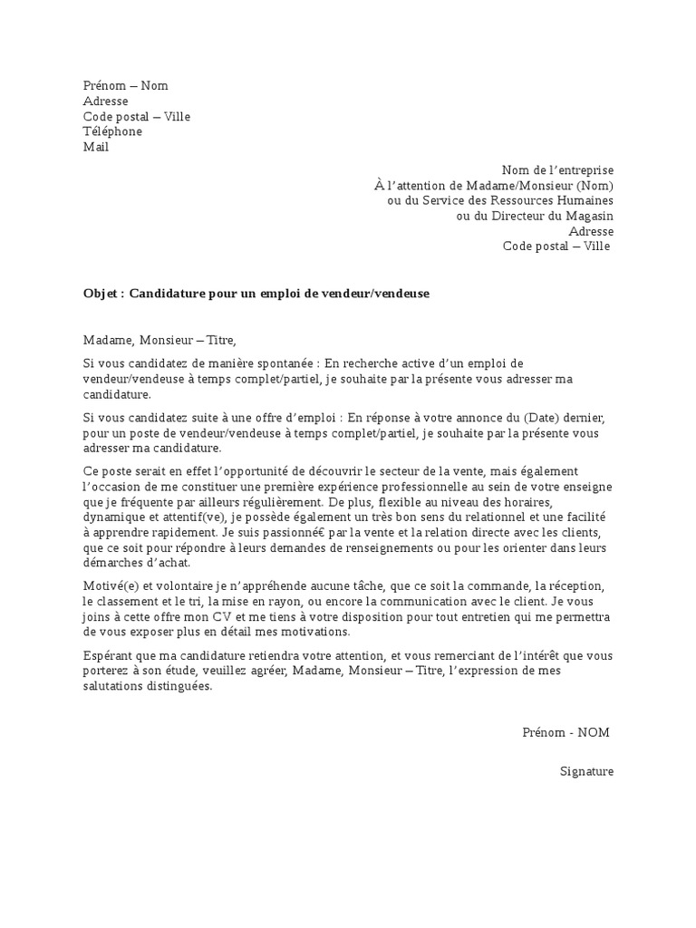 Objet Candidature Pour Un Emploi De Vendeur Vendeuse