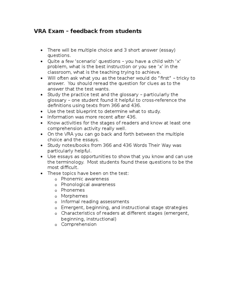 VRA Exam Student Feedback Guide | PDF | Language Arts & Discipline ...
