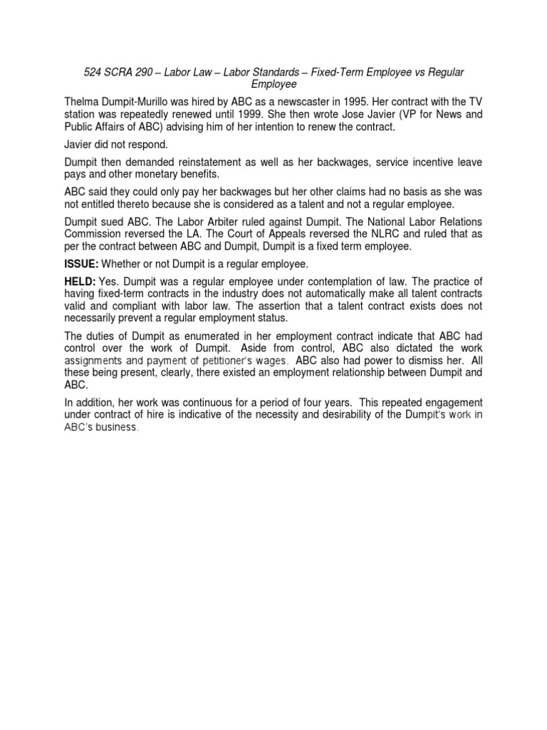 524 SCRA 290 Labor Law Labor Standards FixedTerm Employee Vs