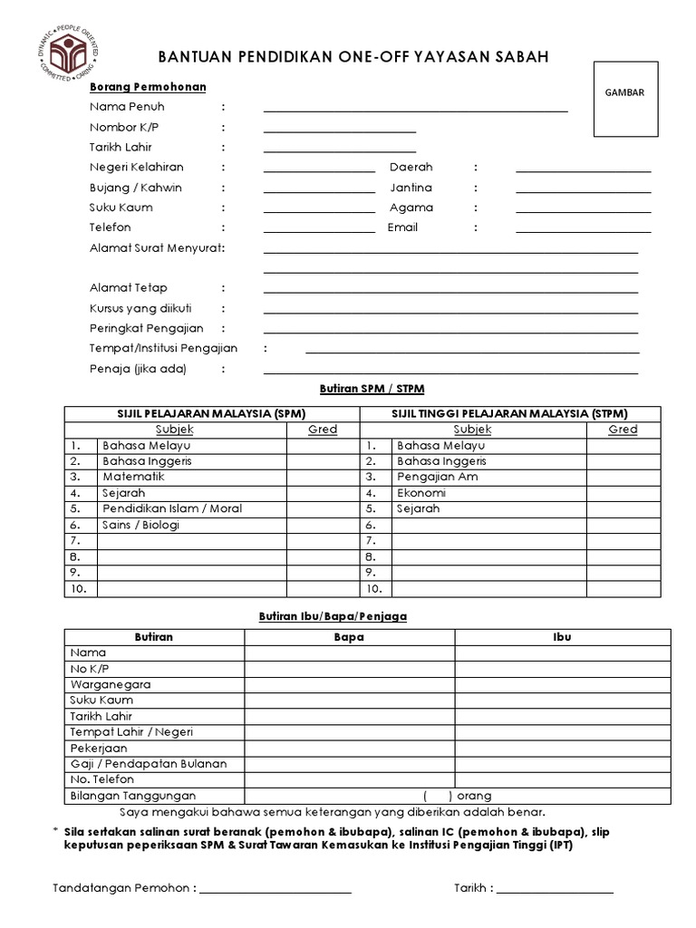 Borang Bantuan Pendidikan One Off Yayasan Sabah 2018 1 Pdf Pdf