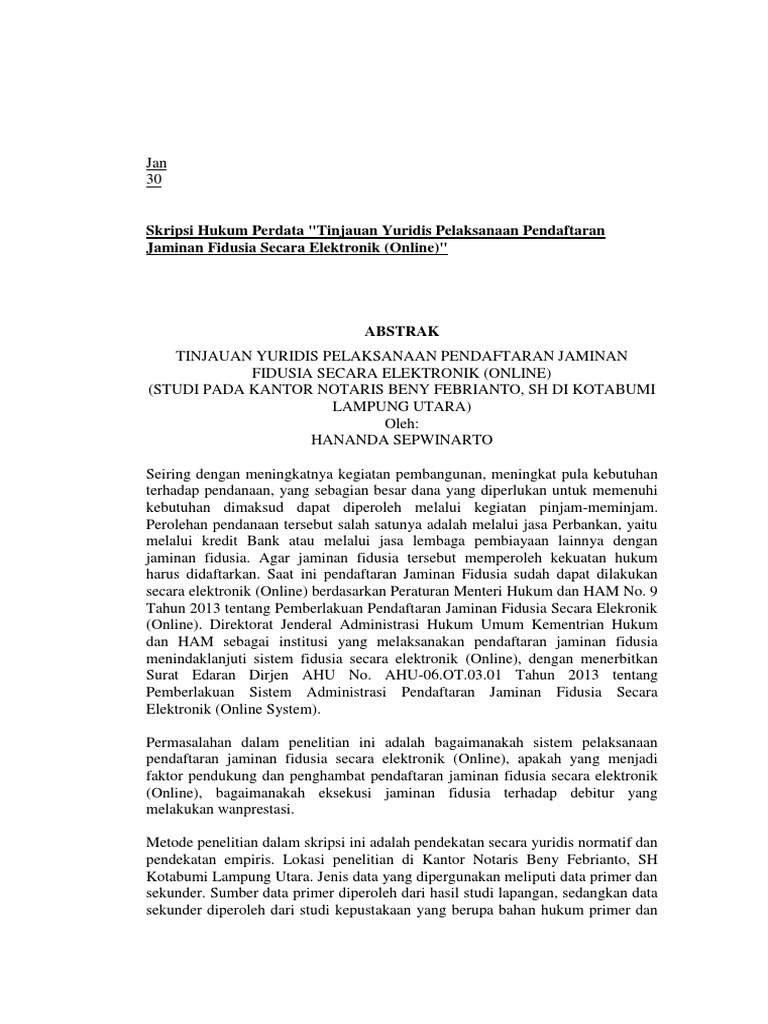 Skripsi Hukum Perdata Tinjauan Yuridis Pelaksanaan Pendaftaran Jaminan Fidusia Secara Elektronik Online