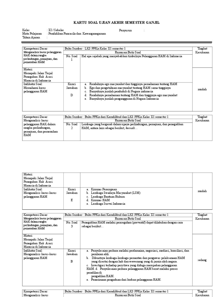Kartu Soal Ppkn Uas Semester 1 Kelas Xi