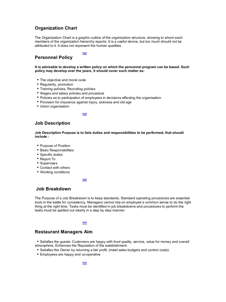 Restaurant Organizational Structure Chart | PDF | Menu | Chef