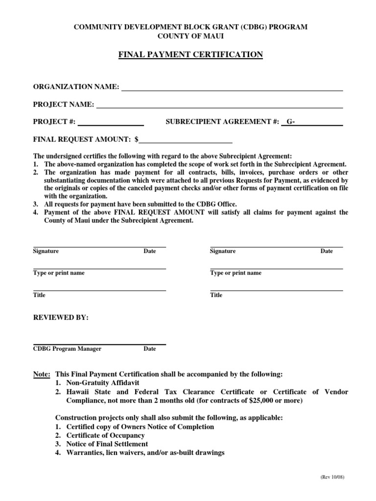 Final Payment Certif - TEMPLATE  PDF For Certificate Of Payment Template