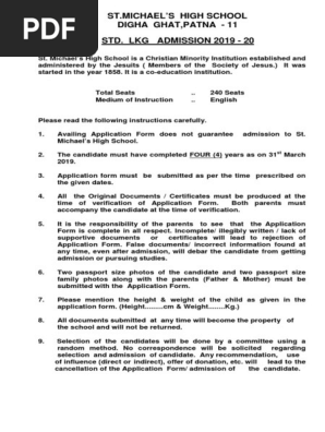 Lkg Admission Form Details 2019 20 Identity Document Official