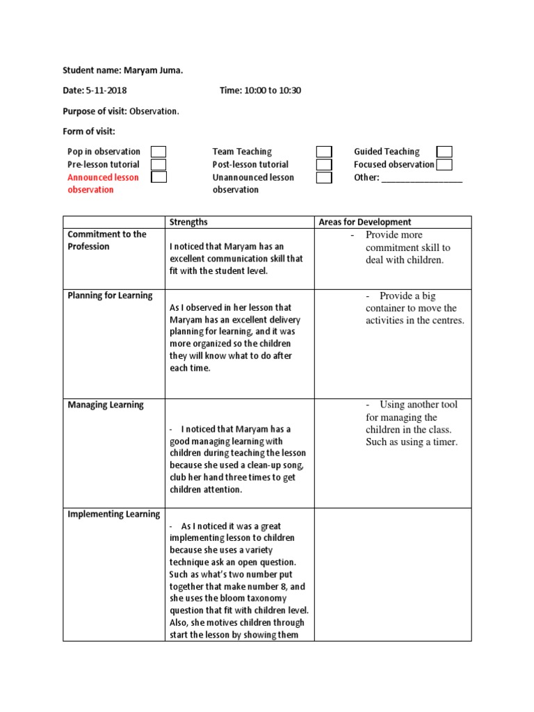 Maryam Juma's Teaching Observation Report | PDF | Behavior Modification ...