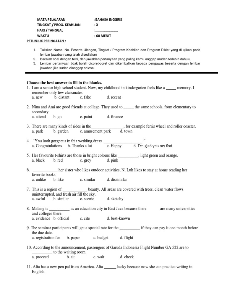Latihan Soal Kelas X B Inggris