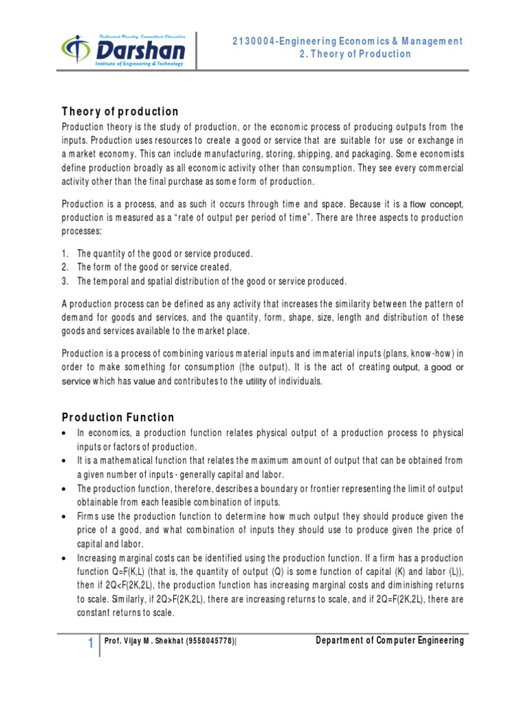 Theory of Production Explained | PDF | Production Function | Factors Of ...