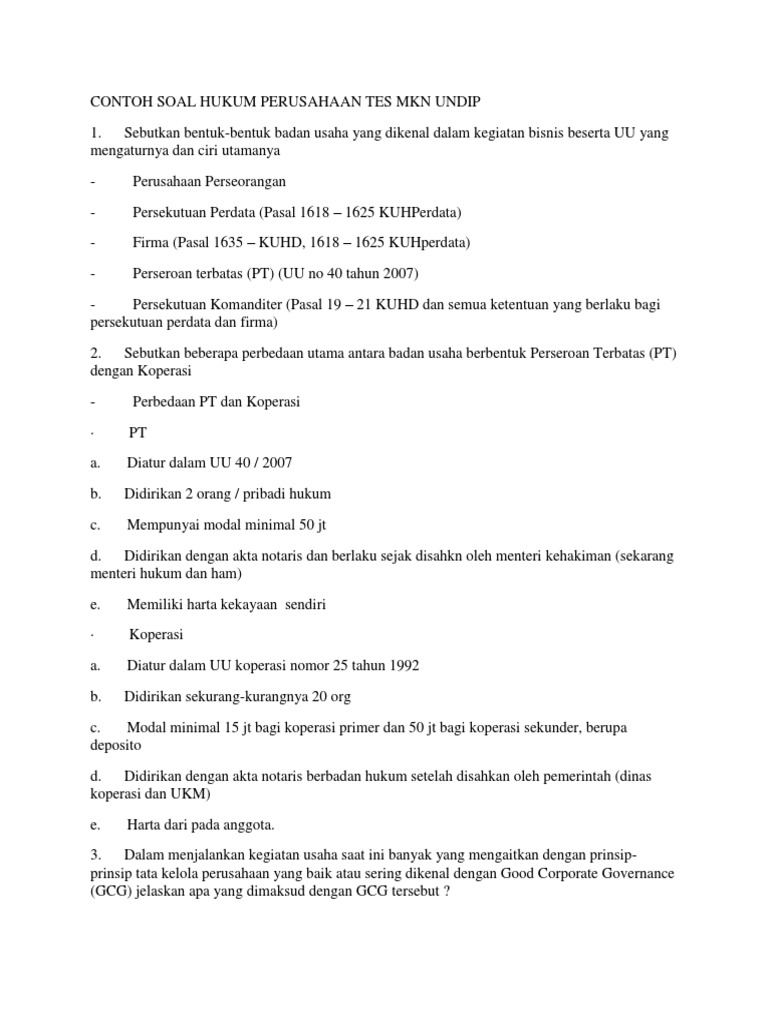 Contoh Soal Hukum Perusahaan Tes Mkn Undip