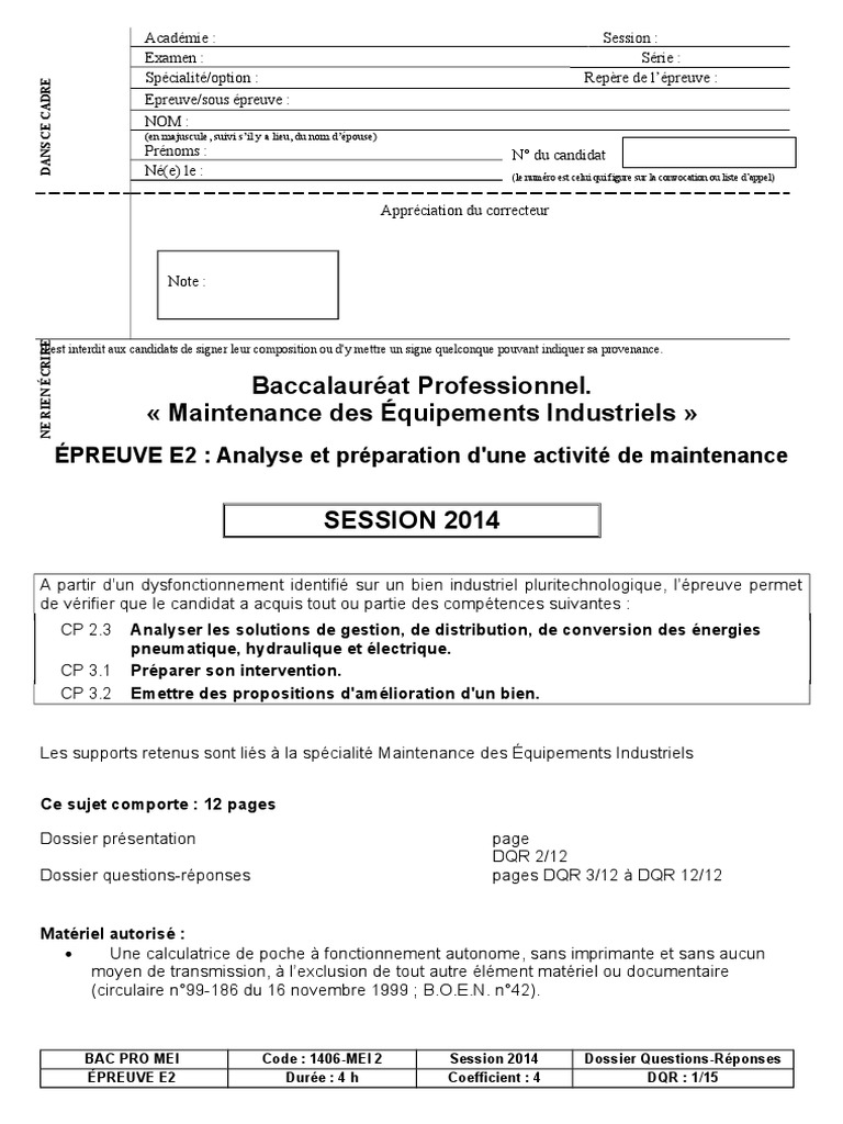 Sujet Bac Pro Mei 4814 Dossier Sujet Epreuve E2 Metropole Bac Pro Mei Juin 2014 | PDF |  Papier | La nature
