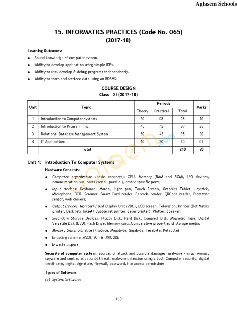 Informatics Practices (Code No. 065) : Course Design | PDF | Computer ...