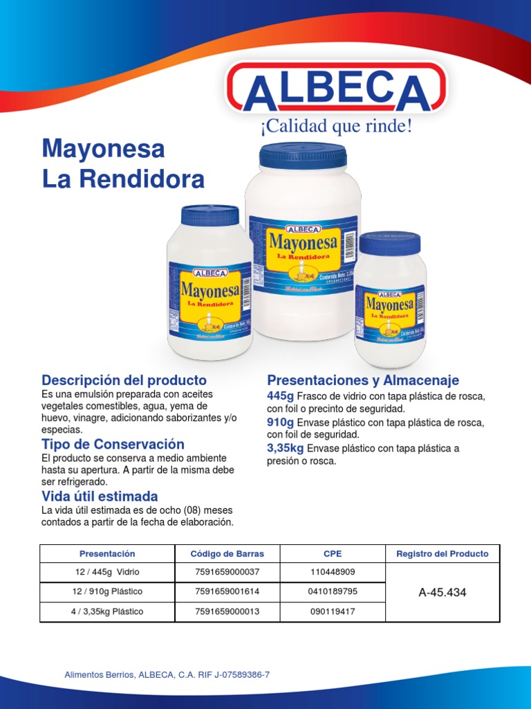 Mayonesa La Rendidora y Presentaciones | PDF | Margarina | Huevo como ...