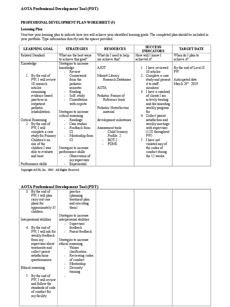 AOTA Professional Development Tool PDT Mentorship Goal