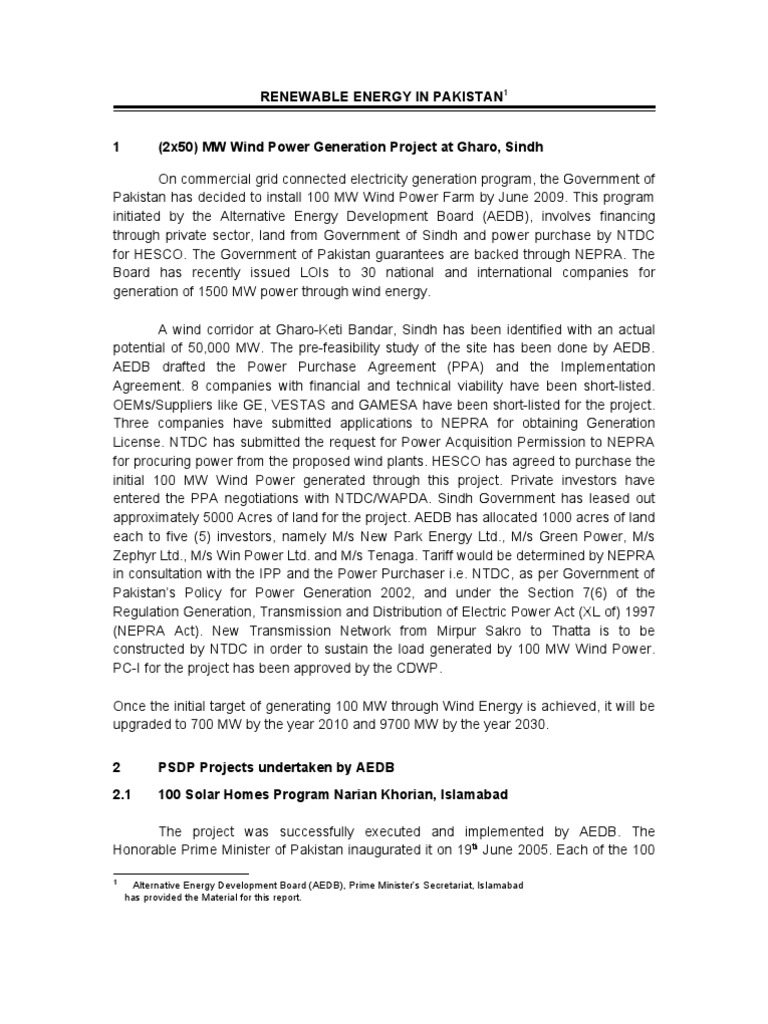 Pakistan Renewable Energy Projects | PDF | Biodiesel | Wind Power