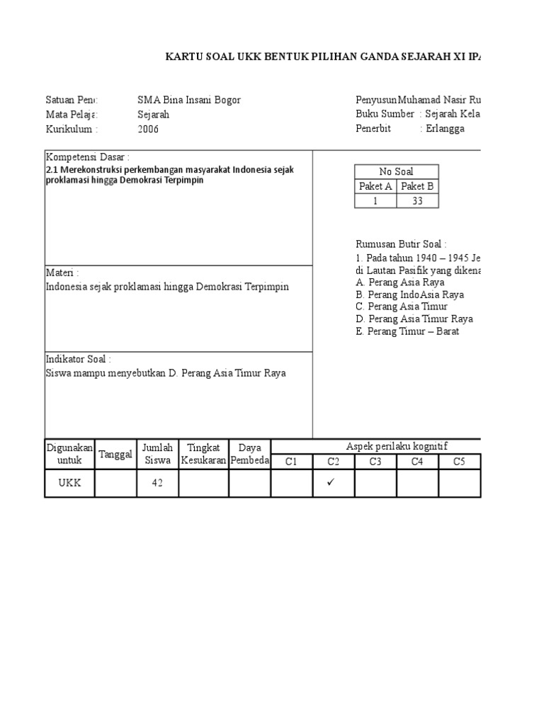Kartu Soal Ukk Bentuk Pilihan Ganda Sejarah Xi Ipa