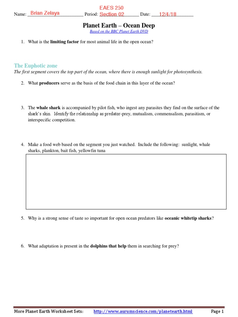 Ocean Deep EC  PDF  Hydrothermal Vent   Predation Regarding Planet Earth Ocean Deep Worksheet