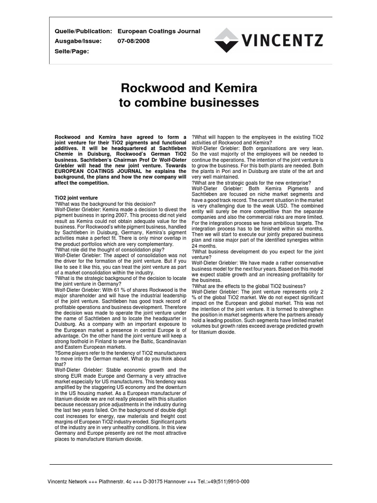 TiO2 Joint Venture: Rockwood & Kemira | PDF | Joint Venture | Titanium ...