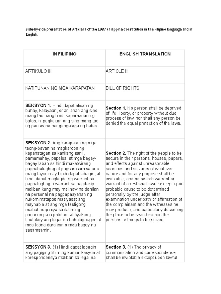 Bill of Rights Tagalog | PDF