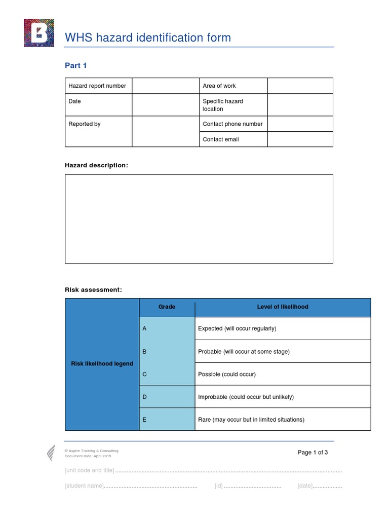 BSBWHS401 WHS hazard identification form.docx Risk Identity Document