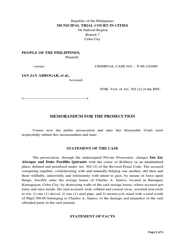 Memorandum For The Prosecution: Page 1 of 5 | PDF | Witness | Testimony