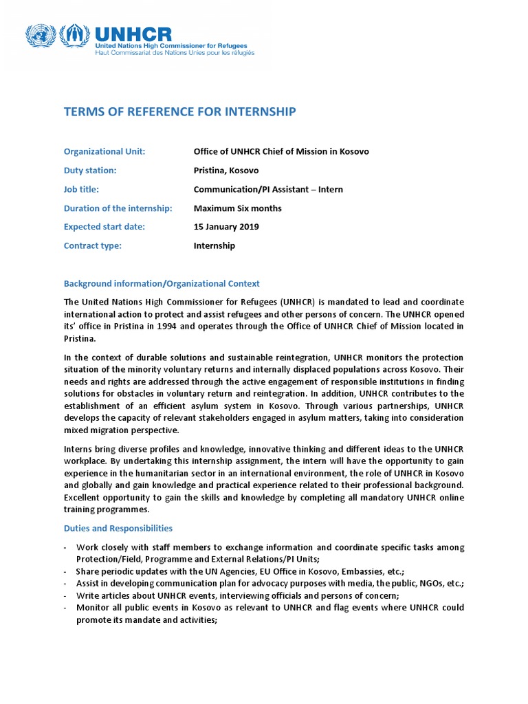 UNHCR Communication Internship in Kosovo | PDF | United Nations High ...