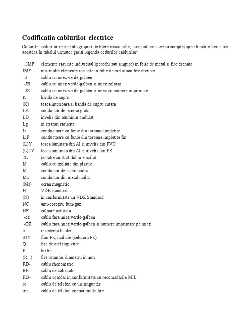Codificatia Cablurilor Electrice PDF | PDF