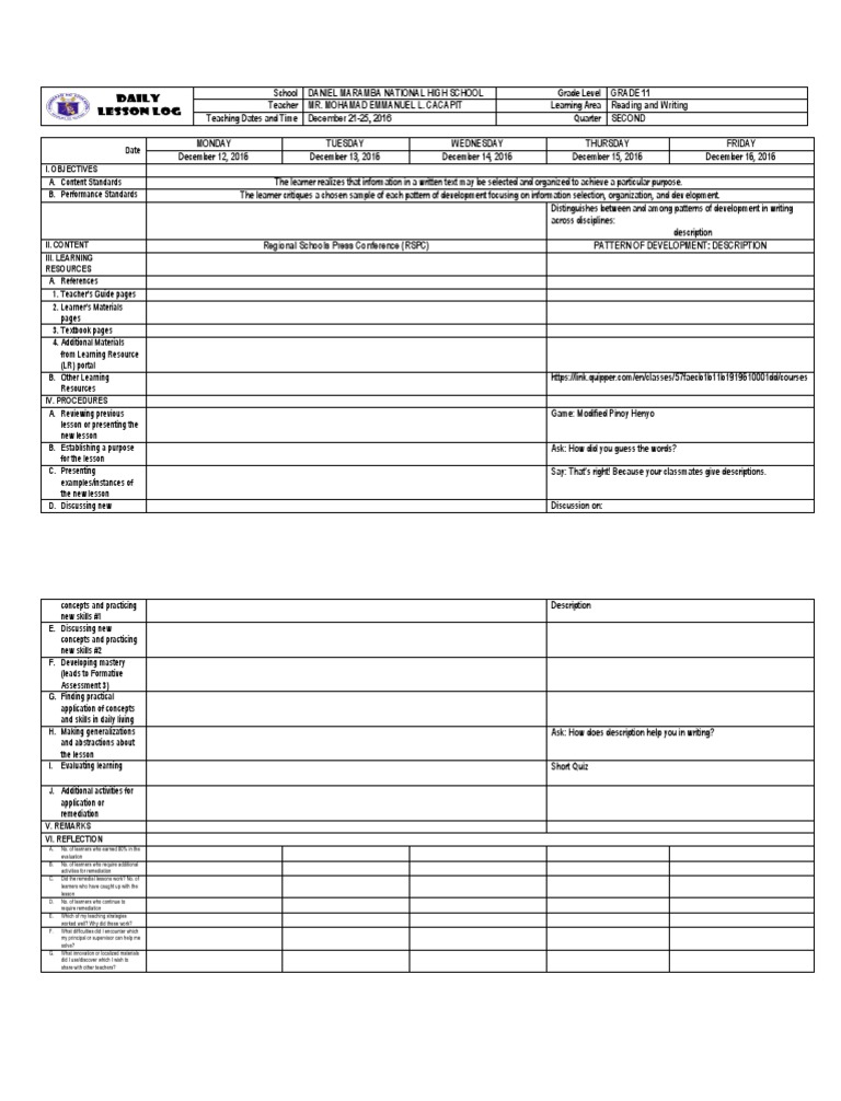 DLL Reading and Writing Dec.12 16 Download Free PDF Teaching Learning