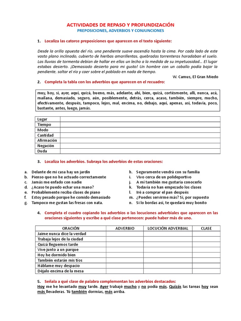 Ejercicios de Adverbios y Conjunciones | PDF | Adverbio | Chocolate