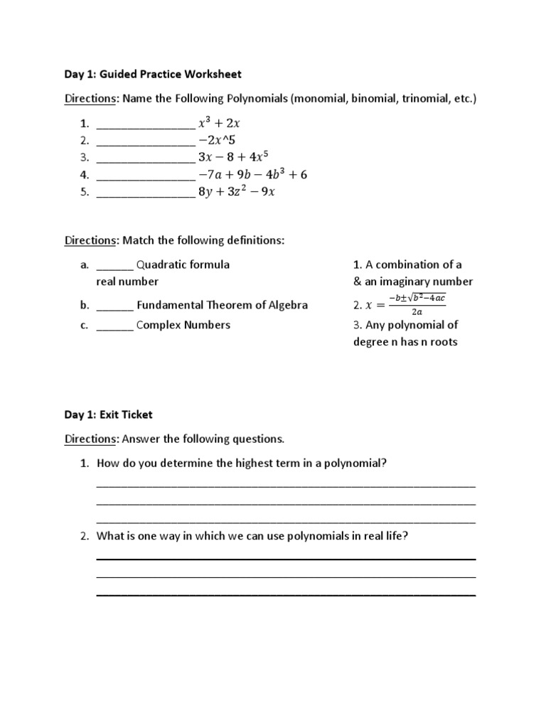 Day 1: Guided Practice Worksheet | PDF | Polynomial | Numbers