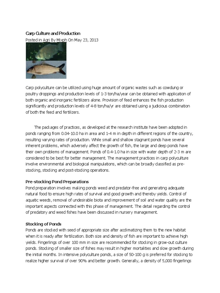 Carp Polyculture: Management Practices | PDF | Aquaculture | Pond