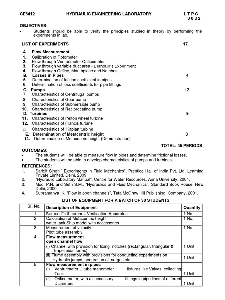 Ce6412 Hydraulic Engineering Laboratory PDF Flow Measurement Pump