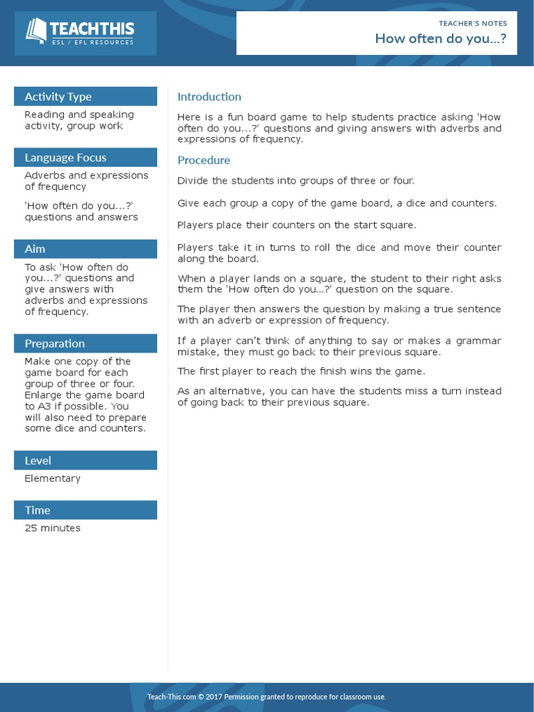 Adverbs of Frequency Board Game PDF | PDF | English As A Second Or ...