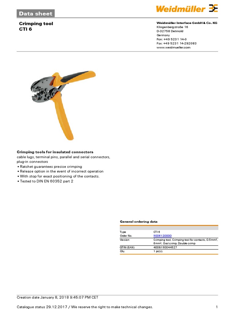 Weidmüller CTI 6 Crimping Tool Datasheet | PDF | Electrical