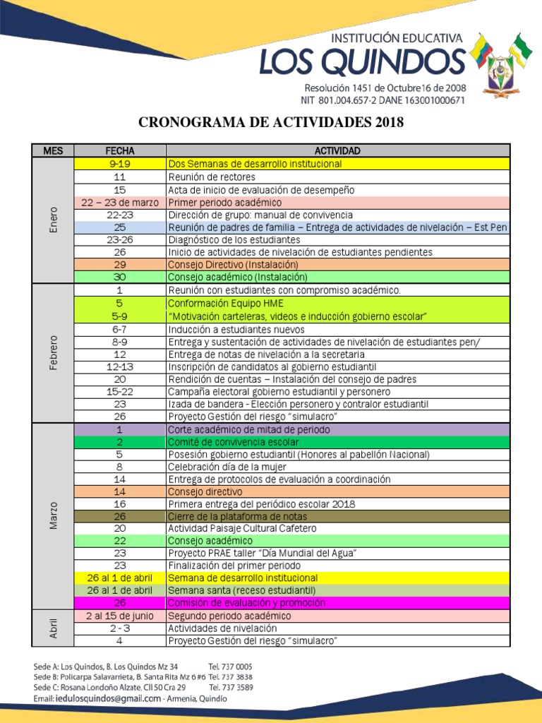 Cronograma de Actividades 2018 Educación avanzada Escuelas