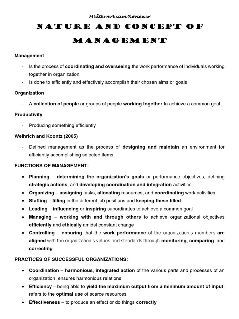 Nature And Concept Of Management: Midterm Exam Reviewer ...