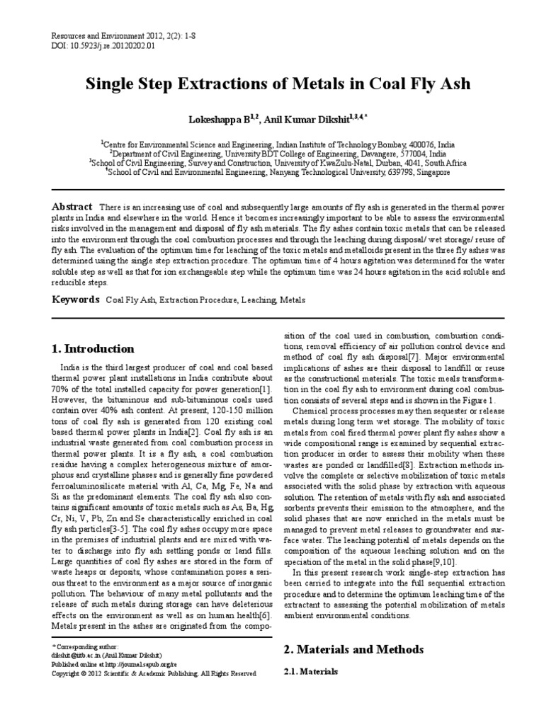 Single Step Extractions of Metals in Coal Fly Ash: Lokeshappa B, Anil ...