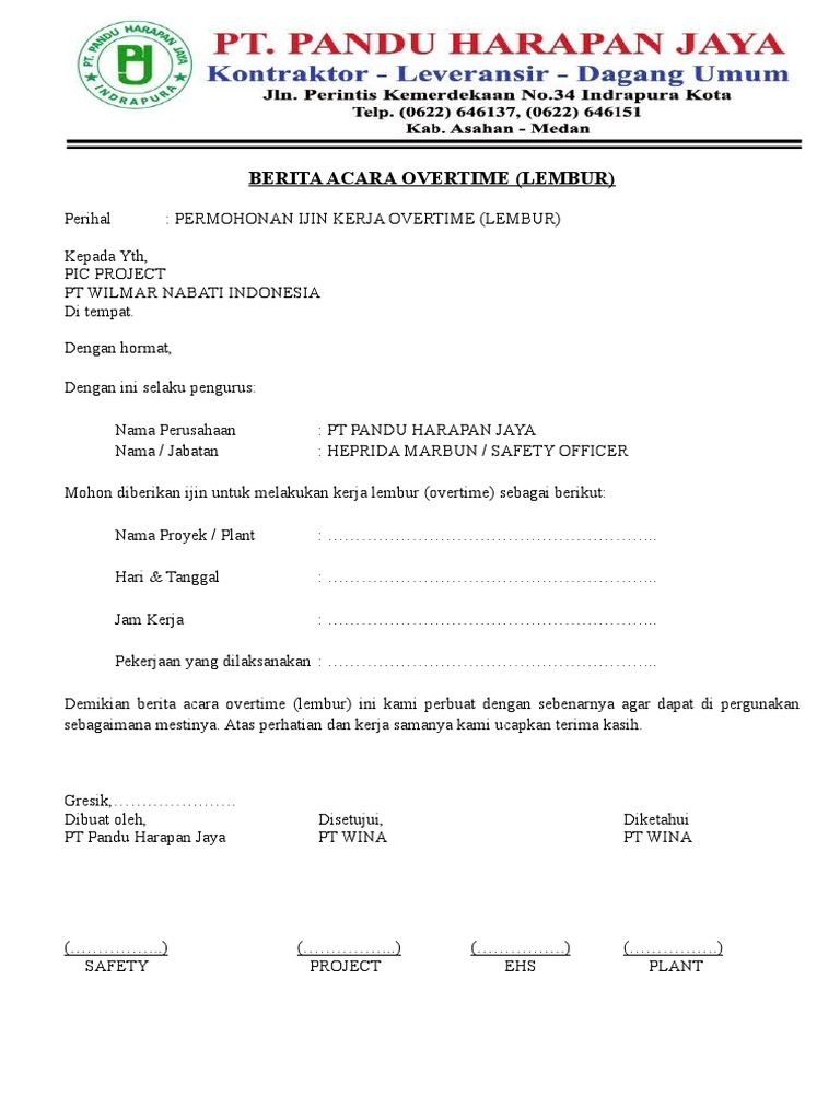 Berita Acara Lembur Overtime Pdf