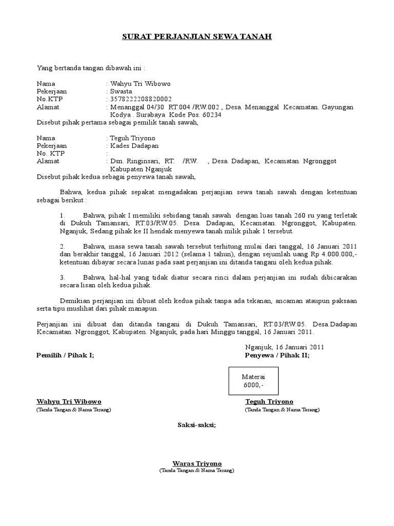 Surat Perjanjian Sewa Tanah Pdf