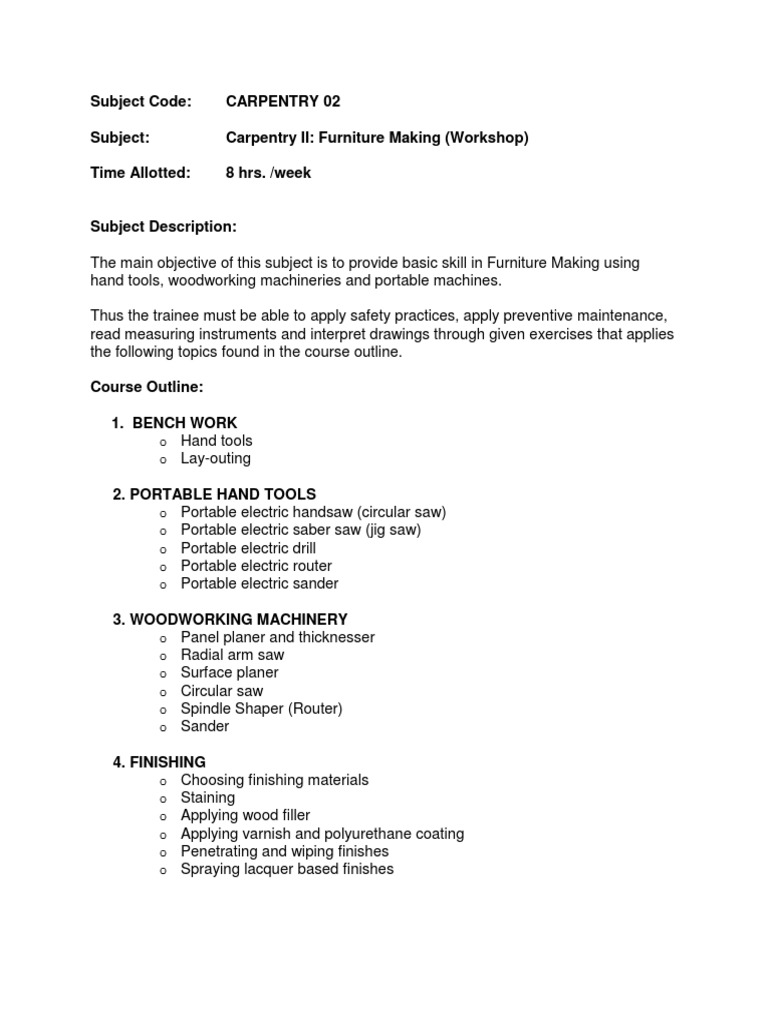 Subject Code: Carpentry 02 Subject: Carpentry II: Furniture Making ...