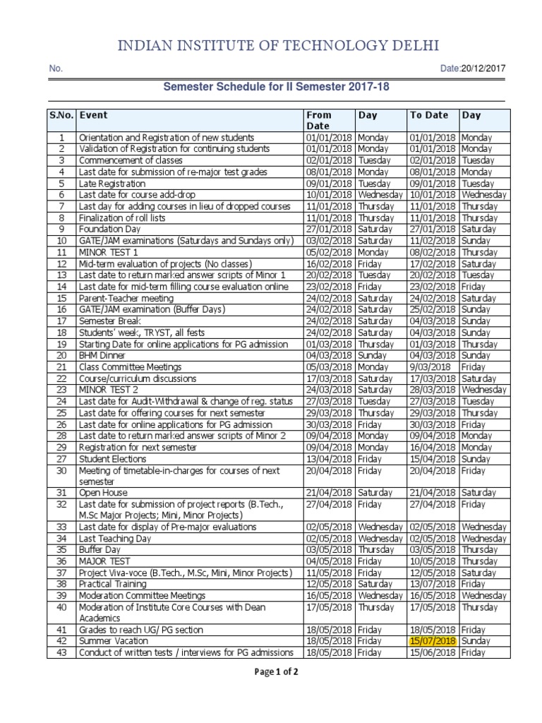 Academic Calender IIT Delhi | PDF | Academic Term | Observances