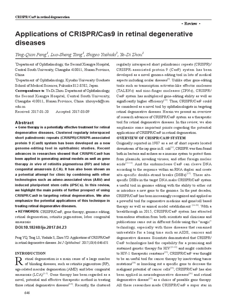 Applications of CRISPR in Retinal Degenerative Diseases | PDF | Crispr ...