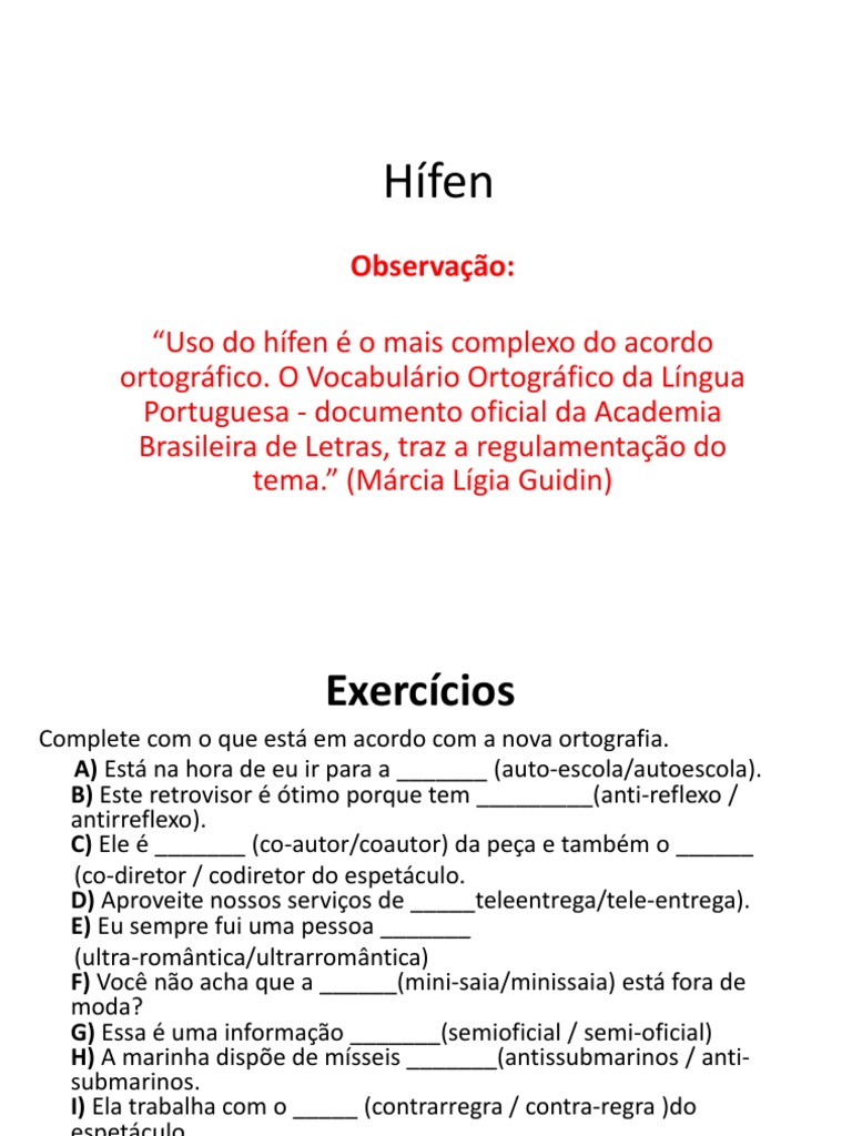 Uso do Hífen: Exercícios e Regras | PDF | Tipologia linguística | Símbolos