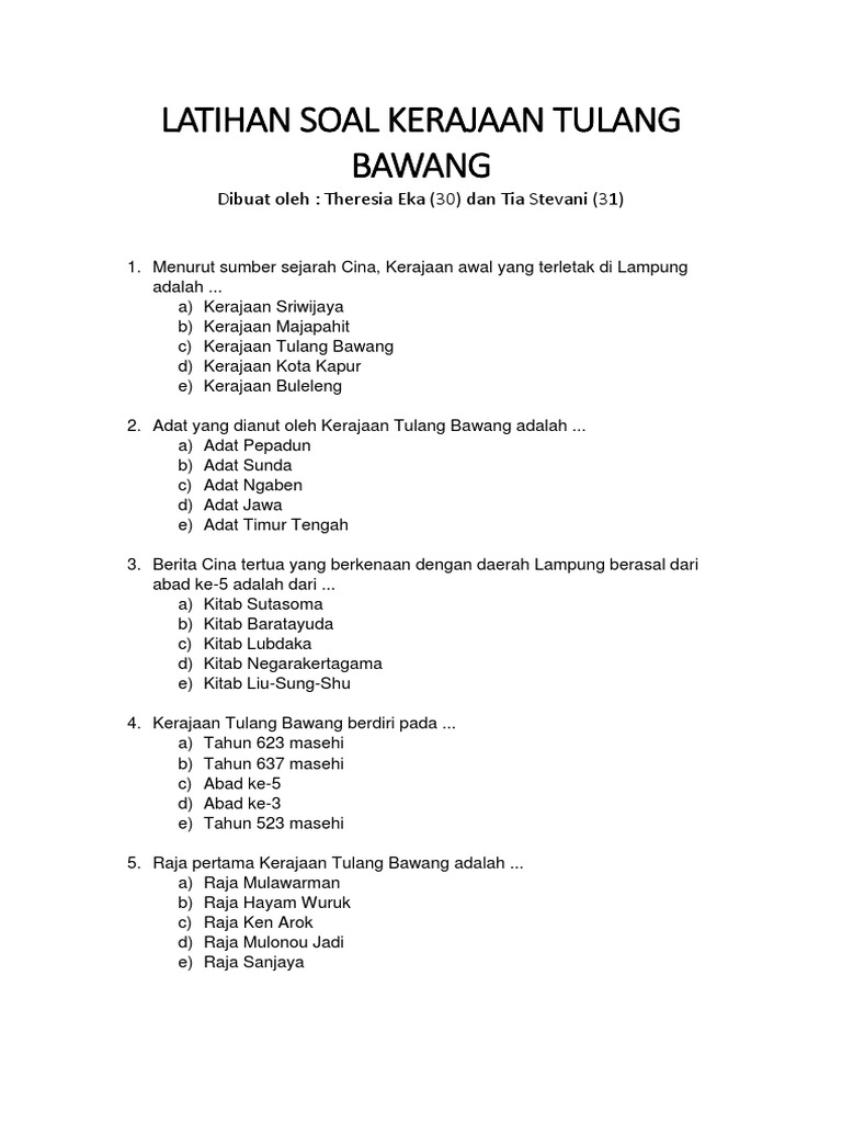 Latihan Soal Kerajaan Tulang Bawang Tia