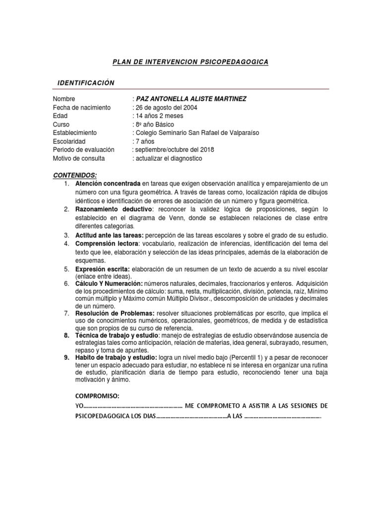 Plan de Intervención Psicopedagógica | PDF | Comprensión lectora ...