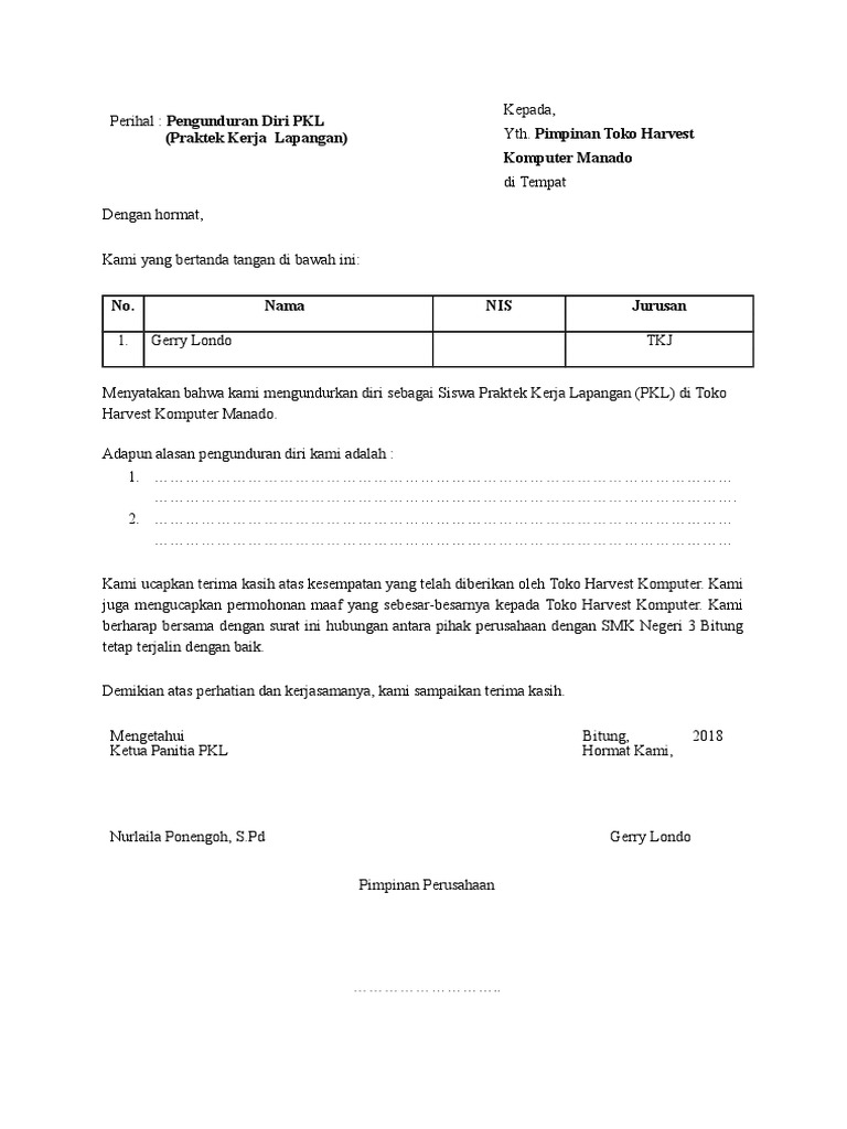 Surat Pengunduran Diri Pkl Gerry Londo Pdf