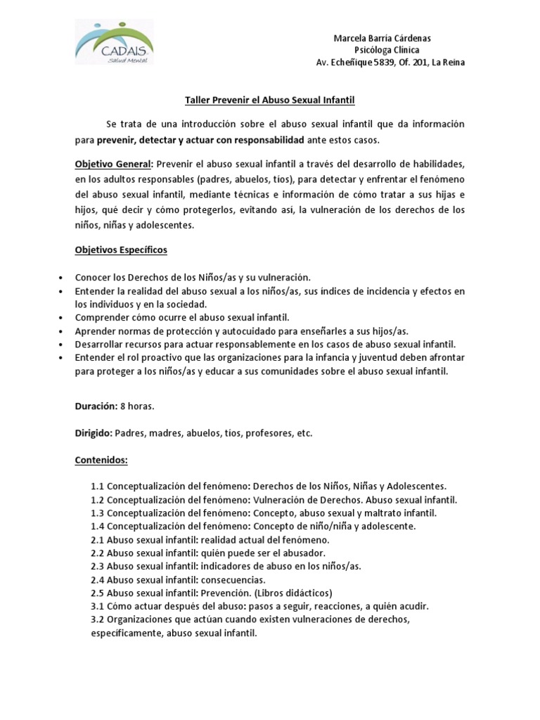 Taller de Prevención del Abuso Infantil | PDF | Abuso Sexual Infantil ...