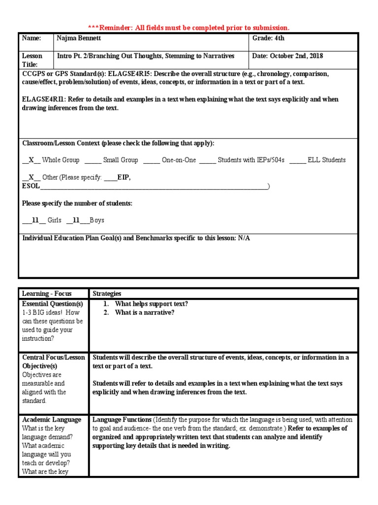 4th Grade Narrative Structure Lesson Plan | PDF | Educational ...